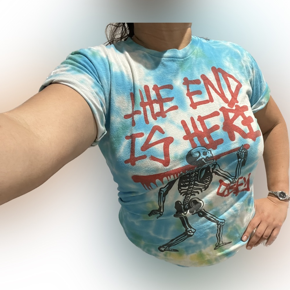 OBEY The End is Here Skeleton Skull Tie Dye Tee Shirt Slim Grateful Dead 80s 90s